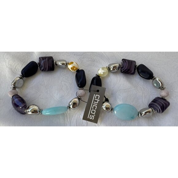 Chico's 2 PC Turquoise Blue Purple Silvertone Stretch Stackable Bracelet - NWT - Picture 8 of 16